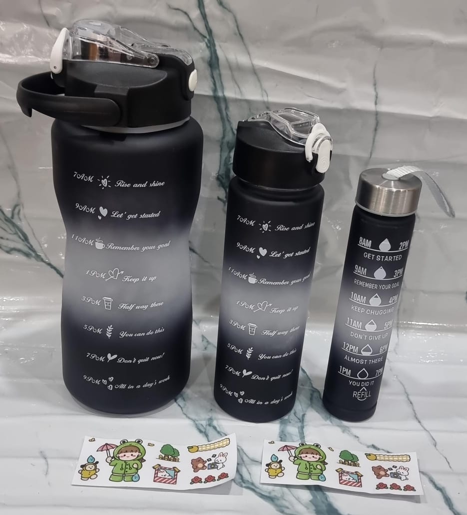Fancy water bottles
3in1 motivation water bottle now available in 6 colours Perfect for Sports Outdoor Travel Gym Fitness Leakproof Bottle 
2L,900mL,300mL
