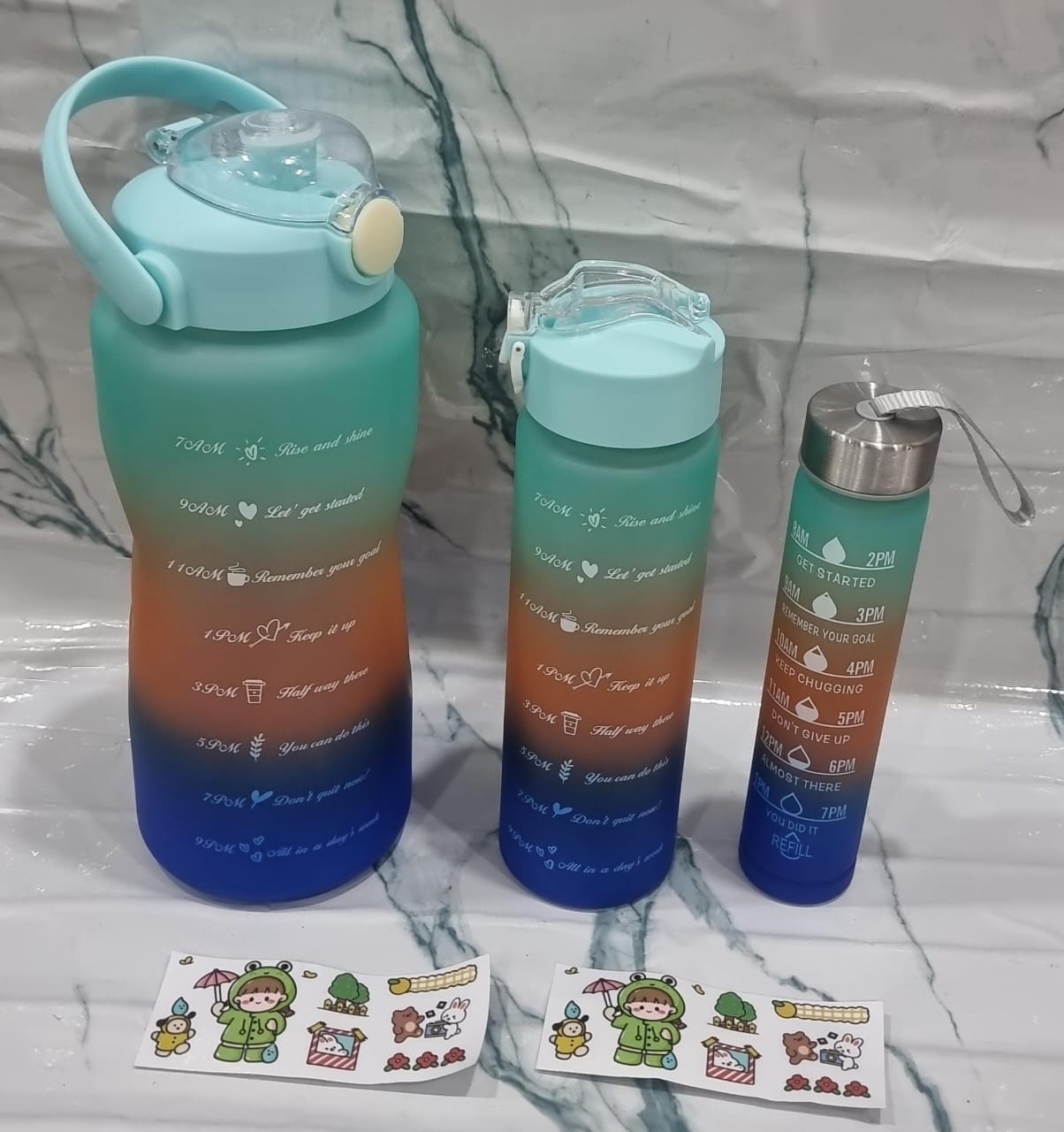 Fancy water bottles
3in1 motivation water bottle now available in 6 colours Perfect for Sports Outdoor Travel Gym Fitness Leakproof Bottle 
2L,900mL,300mL