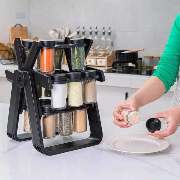 WINDMILL 18 JAR ROTATING SPICE RACK (18PC) EACH JAR 180ML SPICE ORGANIZER RACK SET - 360 ROTATING SEASONING JARS, PREMIUM HIGH QUALITY GLASS JARS