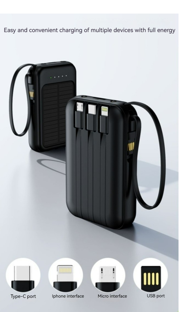 Solar Power Bank 20000mAh | Built - in 4 Cables | Solar - Charging | Multi - Device Charging