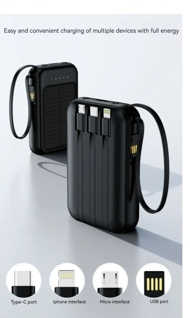 Solar Power Bank 20000mAh | Built - in 4 Cables | Solar - Charging | Multi - Device Charging
