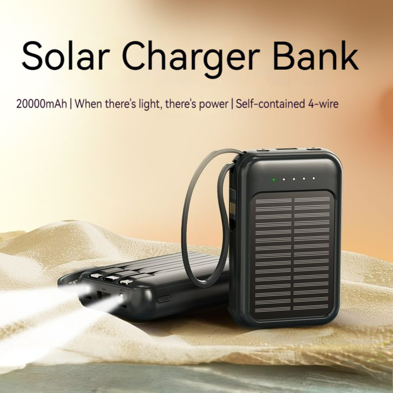 Solar Power Bank 20000mAh | Built - in 4 Cables | Solar - Charging | Multi - Device Charging