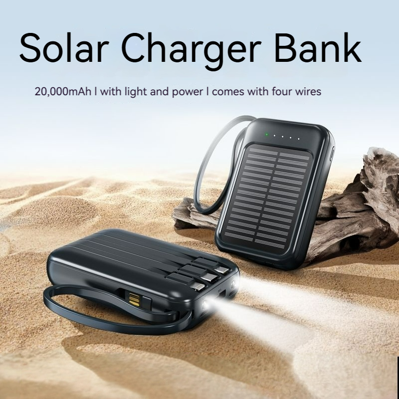 Solar Power Bank 20000mAh | Built - in 4 Cables | Solar - Charging | Multi - Device Charging