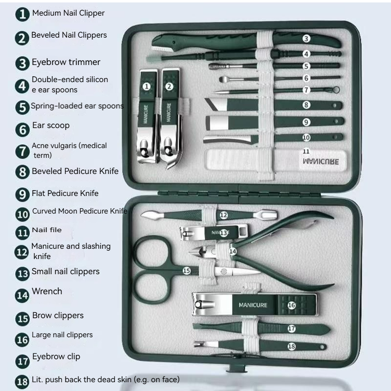 Exquisite & Durable Manicure Set for Home Use, Complete Grooming Kit with Portable Green Case - Ideal for Nail, Ear, Brow & Skin Care