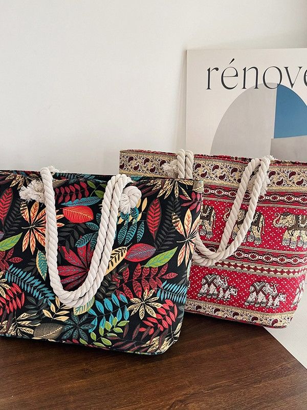 Large-Capacity Canvas Tote Bag for Women – Stylish Leaf-Print Single Shoulder Bag, Spacious for Work/ Shopping/ Commute, Embroidered Casual Handbag, Durable Lightweight Daily Bag with Rope Handles