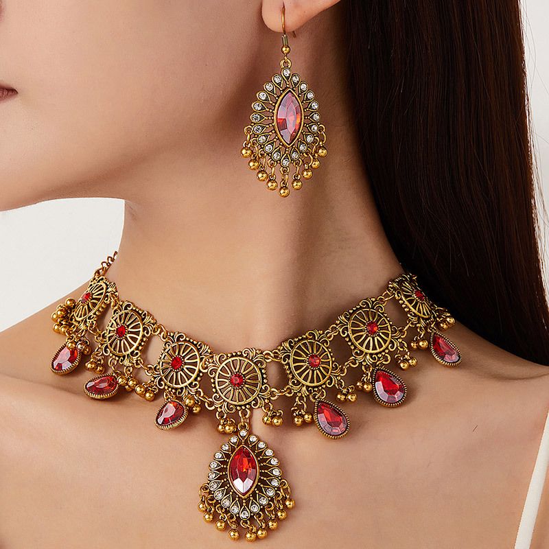 Ethnic Teardrop Necklace & Earring Set - Multicolor Crystal Gold - Tone Statement Jewelry for Evening Gowns, Parties & Formal Occasions