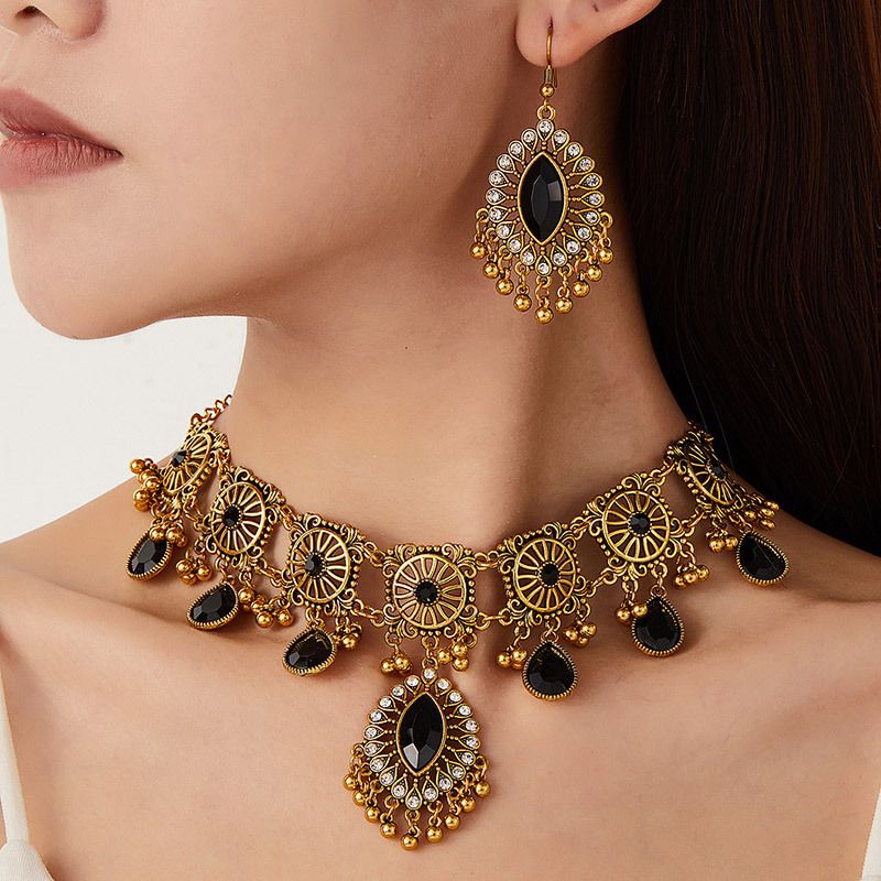 Ethnic Teardrop Necklace & Earring Set - Multicolor Crystal Gold - Tone Statement Jewelry for Evening Gowns, Parties & Formal Occasions