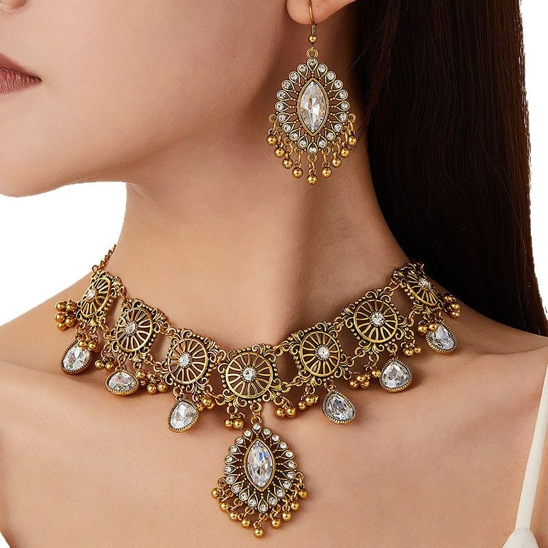 Ethnic Teardrop Necklace & Earring Set - Multicolor Crystal Gold - Tone Statement Jewelry for Evening Gowns, Parties & Formal Occasions