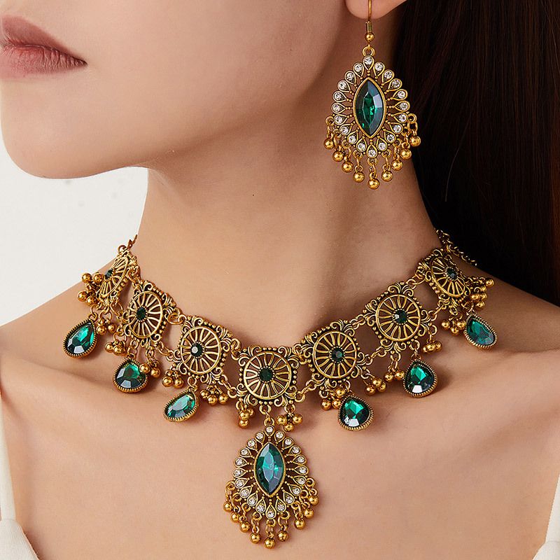 Ethnic Teardrop Necklace & Earring Set - Multicolor Crystal Gold - Tone Statement Jewelry for Evening Gowns, Parties & Formal Occasions
