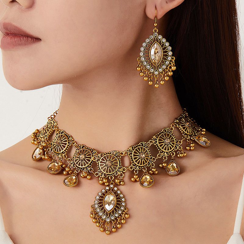 Ethnic Teardrop Necklace & Earring Set - Multicolor Crystal Gold - Tone Statement Jewelry for Evening Gowns, Parties & Formal Occasions
