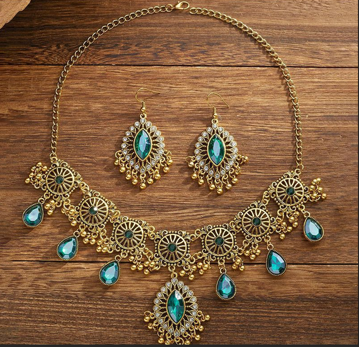 Ethnic Teardrop Necklace & Earring Set - Multicolor Crystal Gold - Tone Statement Jewelry for Evening Gowns, Parties & Formal Occasions