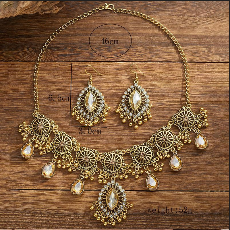 Ethnic Teardrop Necklace & Earring Set - Multicolor Crystal Gold - Tone Statement Jewelry for Evening Gowns, Parties & Formal Occasions