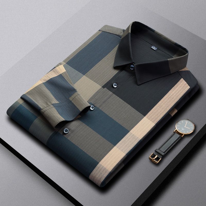 Men's High-End Long-Sleeve Plaid Shirt, Fashionable Casual Wrinkle-Resistant Dress Shirt, Premium Fabric with Classic Check Patterns for Daily & Business Wear