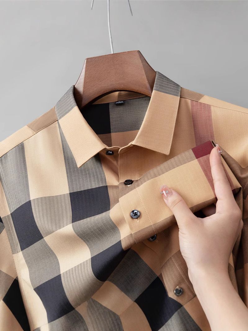 Men's High-End Long-Sleeve Plaid Shirt, Fashionable Casual Wrinkle-Resistant Dress Shirt, Premium Fabric with Classic Check Patterns for Daily & Business Wear