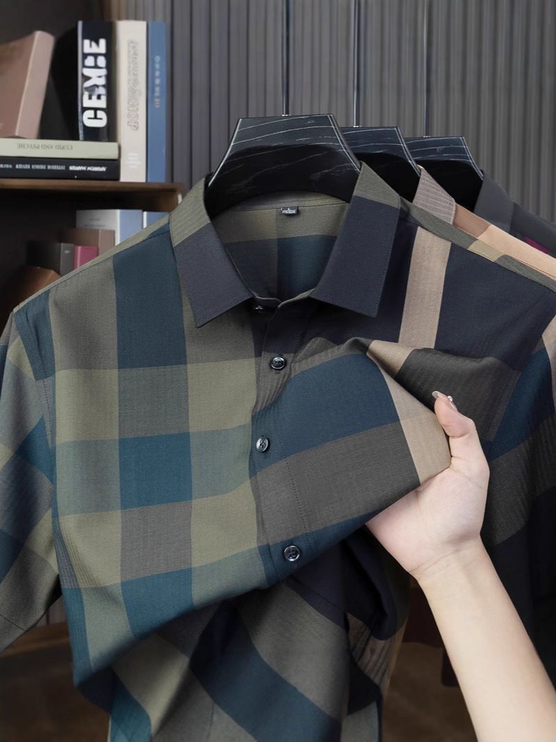 Men's High-End Long-Sleeve Plaid Shirt, Fashionable Casual Wrinkle-Resistant Dress Shirt, Premium Fabric with Classic Check Patterns for Daily & Business Wear