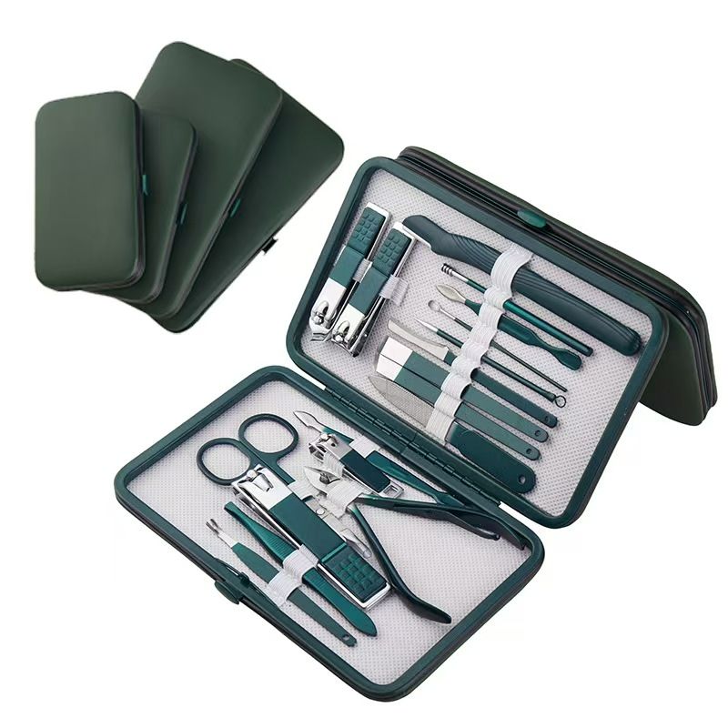 Exquisite & Durable Manicure Set for Home Use, Complete Grooming Kit with Portable Green Case - Ideal for Nail, Ear, Brow & Skin Care