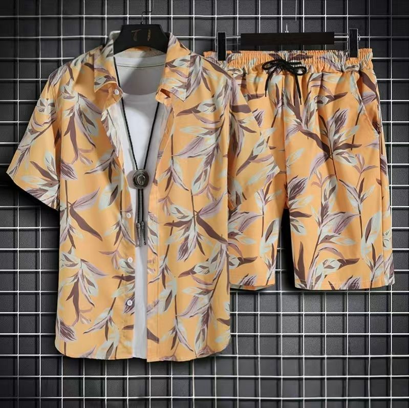 Men's Quick-Dry Hawaiian Beach Set, Two-Piece Short-Sleeve Floral Shirt and Shorts, Casual Tropical Print Outfit for Summer Vacation, Beachwear, and Leisure Activities