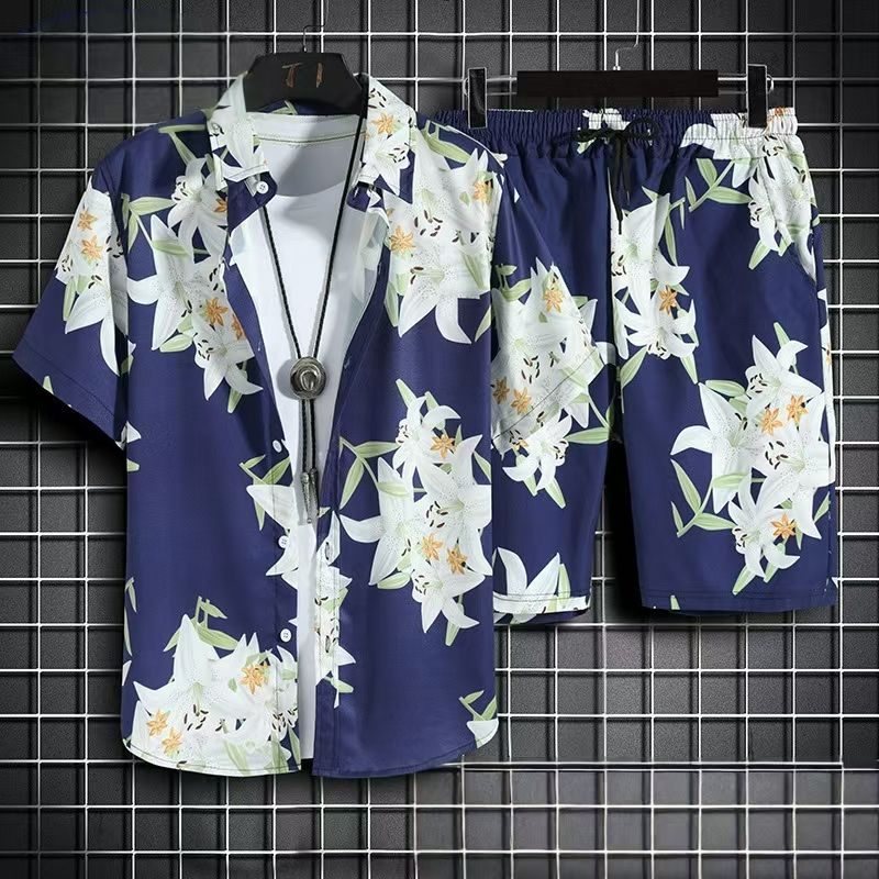 Men's Quick-Dry Hawaiian Beach Set, Two-Piece Short-Sleeve Floral Shirt and Shorts, Casual Tropical Print Outfit for Summer Vacation, Beachwear, and Leisure Activities