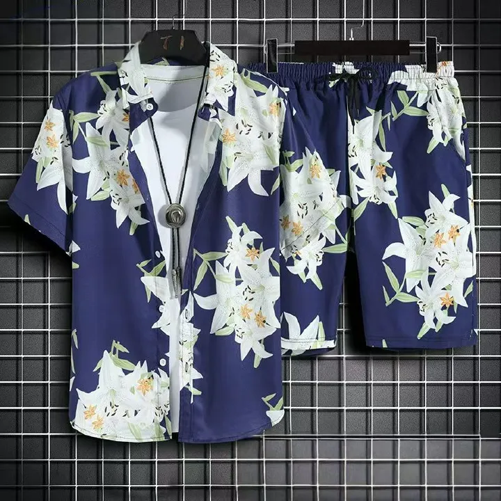 Men's Quick-Dry Hawaiian Beach Set, Two-Piece Short-Sleeve Floral Shirt and Shorts, Casual Tropical Print Outfit for Summer Vacation, Beachwear, and Leisure Activities