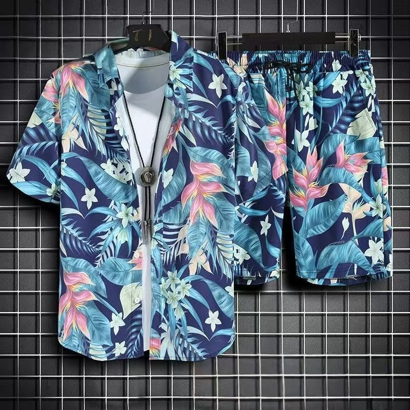 Men's Quick-Dry Hawaiian Beach Set, Two-Piece Short-Sleeve Floral Shirt and Shorts, Casual Tropical Print Outfit for Summer Vacation, Beachwear, and Leisure Activities