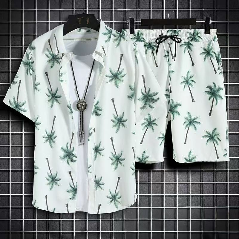 Men's Quick-Dry Hawaiian Beach Set, Two-Piece Short-Sleeve Floral Shirt and Shorts, Casual Tropical Print Outfit for Summer Vacation, Beachwear, and Leisure Activities