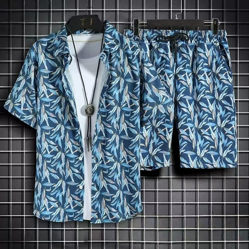 Men's Quick-Dry Hawaiian Beach Set, Two-Piece Short-Sleeve Floral Shirt and Shorts, Casual Tropical Print Outfit for Summer Vacation, Beachwear, and Leisure Activities