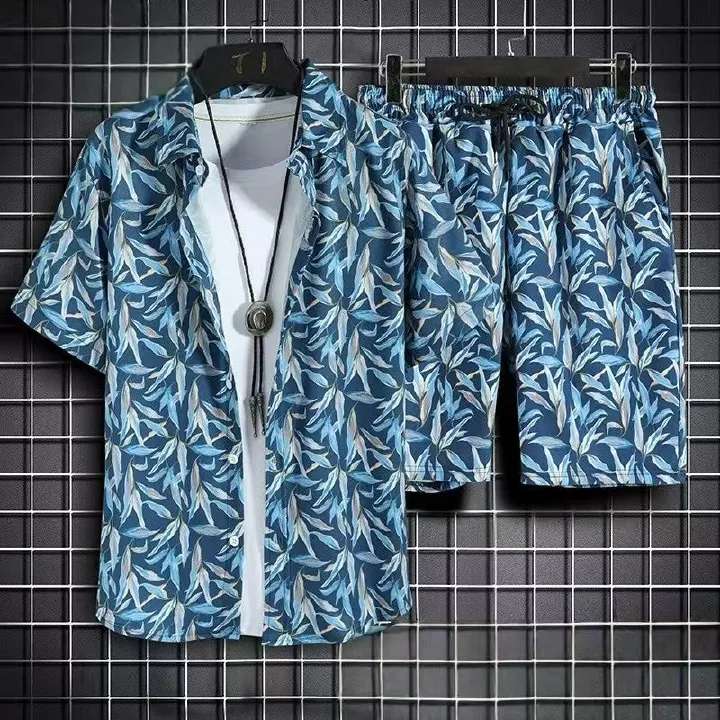 Men's Quick-Dry Hawaiian Beach Set, Two-Piece Short-Sleeve Floral Shirt and Shorts, Casual Tropical Print Outfit for Summer Vacation, Beachwear, and Leisure Activities