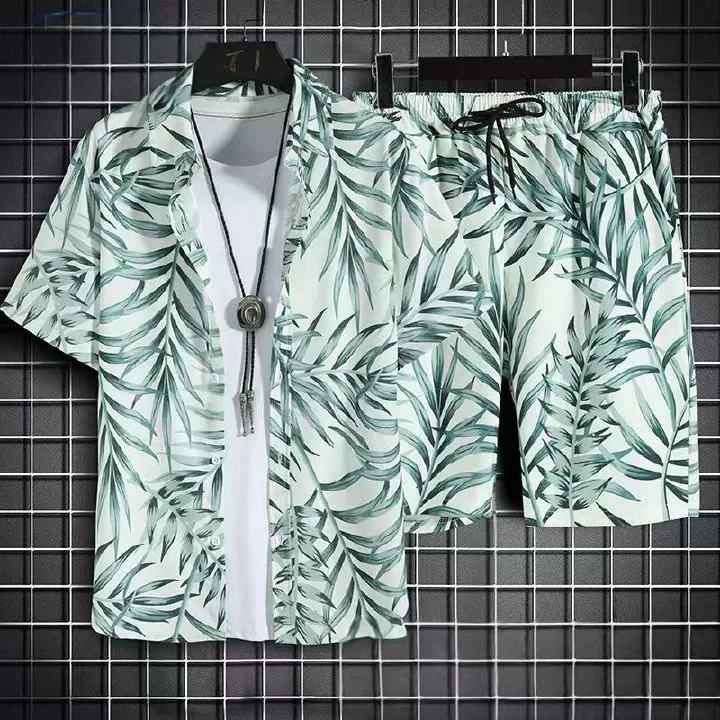 Men's Quick-Dry Hawaiian Beach Set, Two-Piece Short-Sleeve Floral Shirt and Shorts, Casual Tropical Print Outfit for Summer Vacation, Beachwear, and Leisure Activities