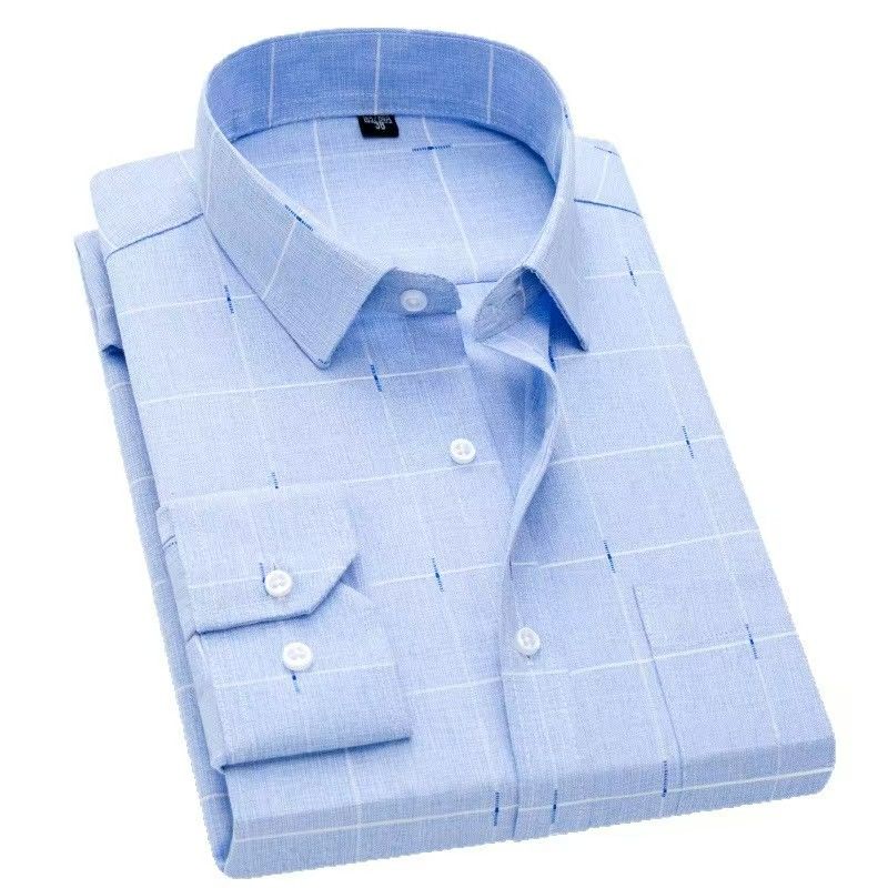 New Men's Cotton Linen Long Sleeve Plaid Shirt, Business Casual Style, Soft Breathable Moisture-Wicking Fabric, Comfortable Regular Fit for Daily Work & Casual Wear