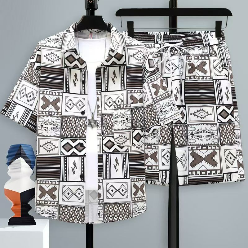 Men's Summer 2-Piece Shirt & Shorts Set: Art-Print Oversized Short-Sleeve, Breathable Lightweight Fabric, Ethnic/Abstract Pattern, Casual Streetwear Outfit for Daily Wear