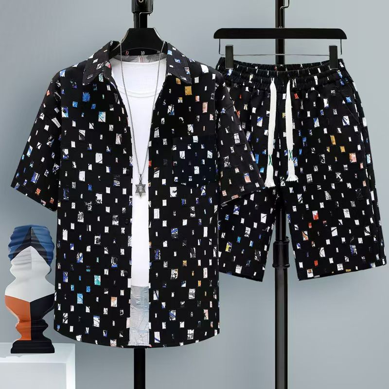 Men's Summer 2-Piece Shirt & Shorts Set: Art-Print Oversized Short-Sleeve, Breathable Lightweight Fabric, Ethnic/Abstract Pattern, Casual Streetwear Outfit for Daily Wear