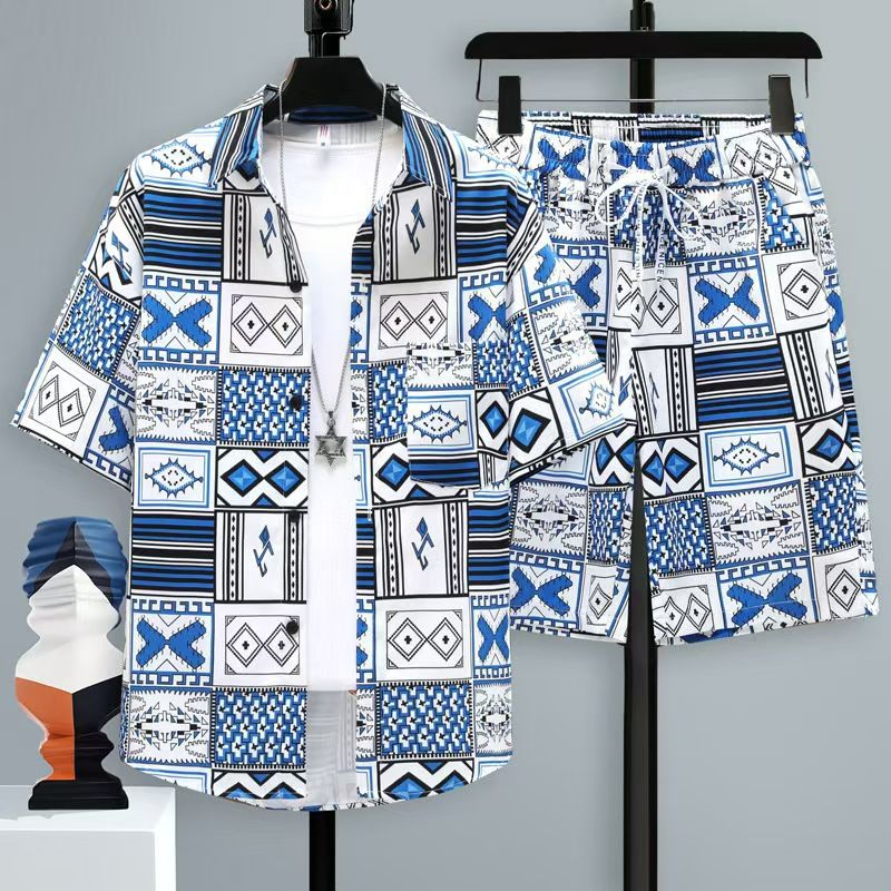 Men's Summer 2-Piece Shirt & Shorts Set: Art-Print Oversized Short-Sleeve, Breathable Lightweight Fabric, Ethnic/Abstract Pattern, Casual Streetwear Outfit for Daily Wear