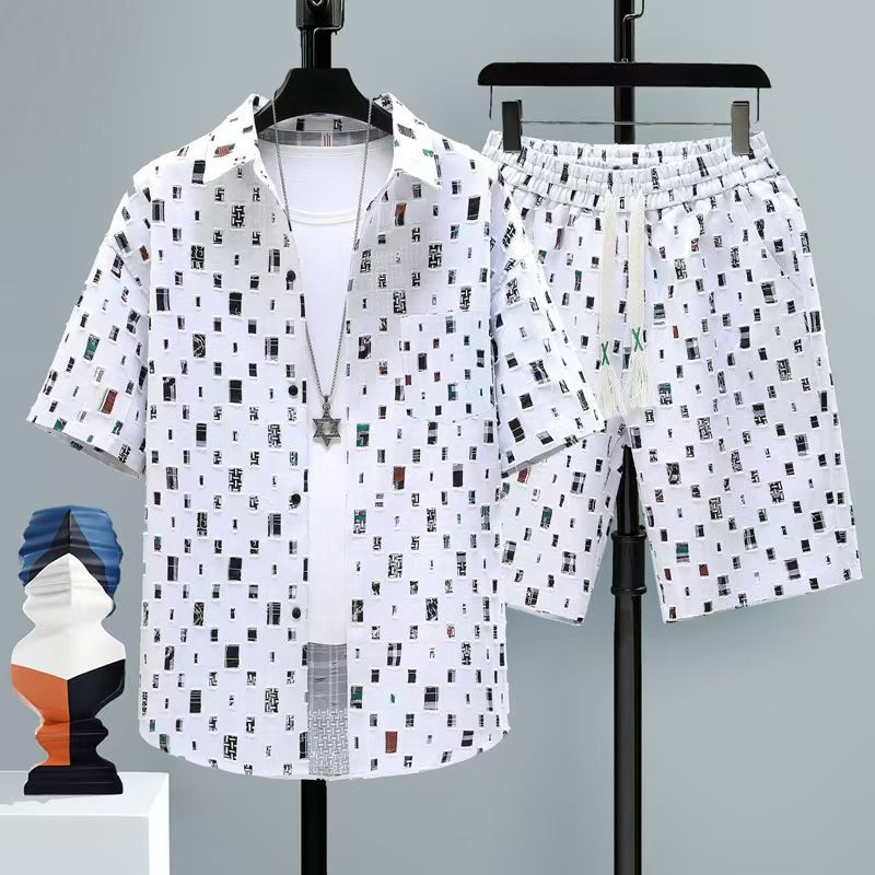 Men's Summer 2-Piece Shirt & Shorts Set: Art-Print Oversized Short-Sleeve, Breathable Lightweight Fabric, Ethnic/Abstract Pattern, Casual Streetwear Outfit for Daily Wear
