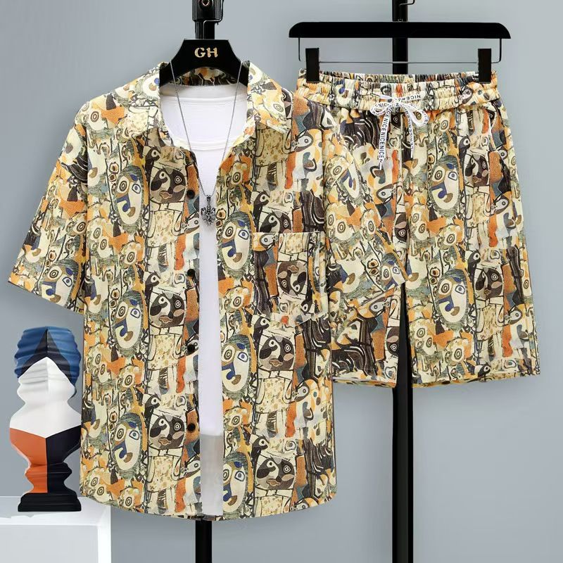 Men's Summer 2-Piece Shirt & Shorts Set: Art-Print Oversized Short-Sleeve, Breathable Lightweight Fabric, Ethnic/Abstract Pattern, Casual Streetwear Outfit for Daily Wear