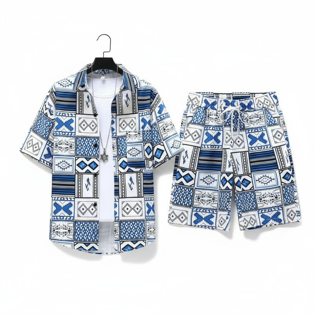 Men's Summer 2-Piece Shirt & Shorts Set: Art-Print Oversized Short-Sleeve, Breathable Lightweight Fabric, Ethnic/Abstract Pattern, Casual Streetwear Outfit for Daily Wear