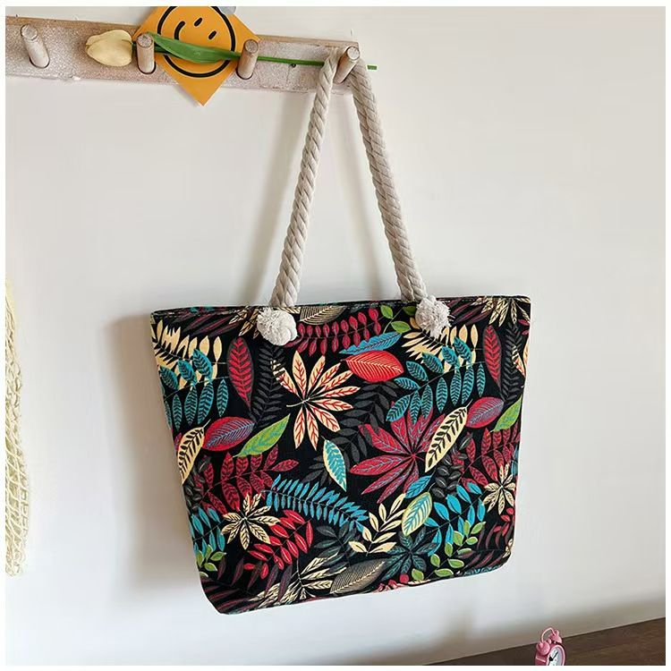 Large-Capacity Canvas Tote Bag for Women – Stylish Leaf-Print Single Shoulder Bag, Spacious for Work/ Shopping/ Commute, Embroidered Casual Handbag, Durable Lightweight Daily Bag with Rope Handles