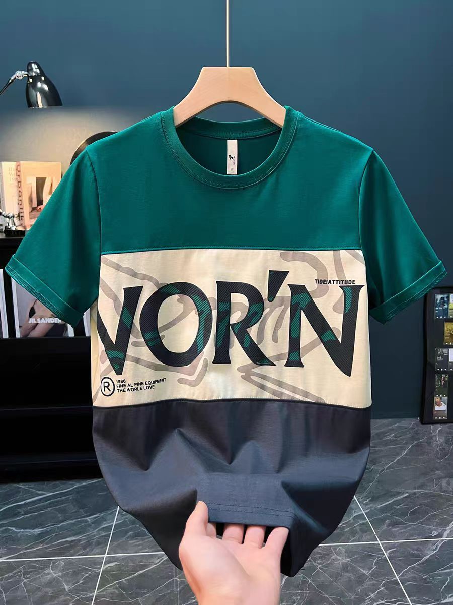 Men's Oversized Crew Neck T-Shirt Summer 2025 - Ins Streetwear Letter Print Color Block Casual Short Sleeve Top, Loose Fit Fashion Tee for Daily/Outdoor