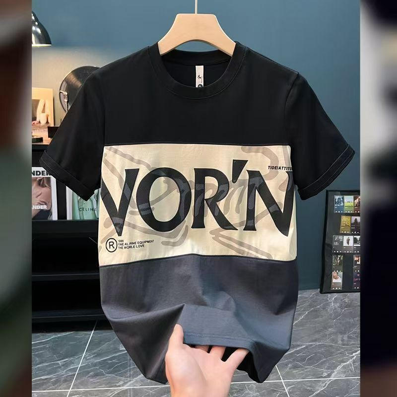 Men's Oversized Crew Neck T-Shirt Summer 2025 - Ins Streetwear Letter Print Color Block Casual Short Sleeve Top, Loose Fit Fashion Tee for Daily/Outdoor