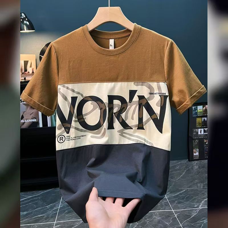 Men's Oversized Crew Neck T-Shirt Summer 2025 - Ins Streetwear Letter Print Color Block Casual Short Sleeve Top, Loose Fit Fashion Tee for Daily/Outdoor