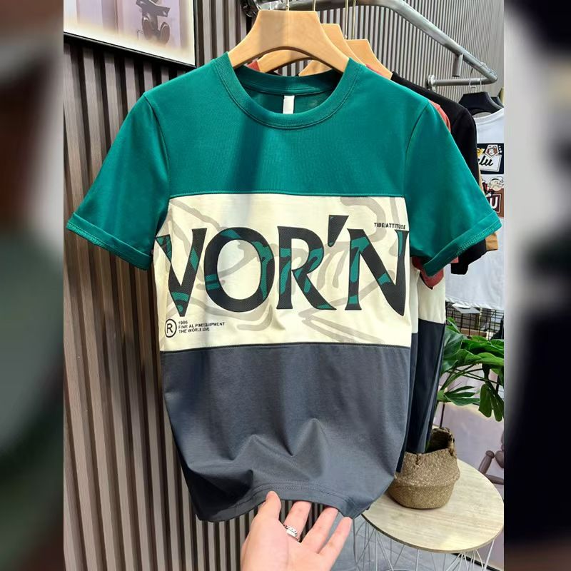 Men's Oversized Crew Neck T-Shirt Summer 2025 - Ins Streetwear Letter Print Color Block Casual Short Sleeve Top, Loose Fit Fashion Tee for Daily/Outdoor