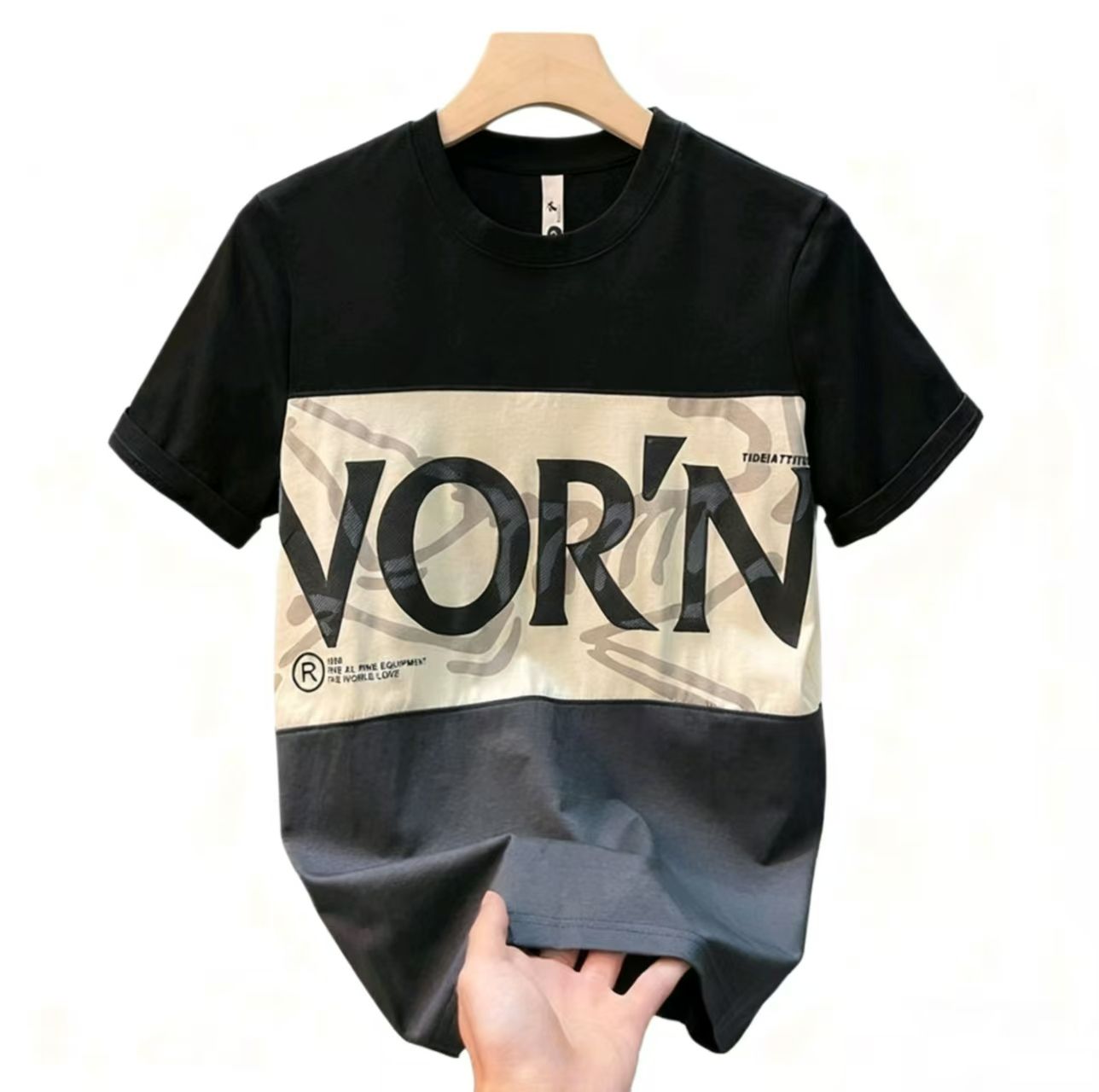Men's Oversized Crew Neck T-Shirt Summer 2025 - Ins Streetwear Letter Print Color Block Casual Short Sleeve Top, Loose Fit Fashion Tee for Daily/Outdoor