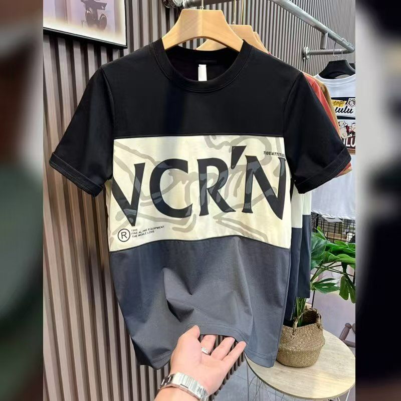 Men's Oversized Crew Neck T-Shirt Summer 2025 - Ins Streetwear Letter Print Color Block Casual Short Sleeve Top, Loose Fit Fashion Tee for Daily/Outdoor