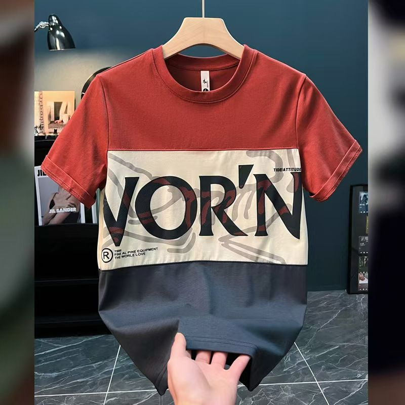 Men's Oversized Crew Neck T-Shirt Summer 2025 - Ins Streetwear Letter Print Color Block Casual Short Sleeve Top, Loose Fit Fashion Tee for Daily/Outdoor