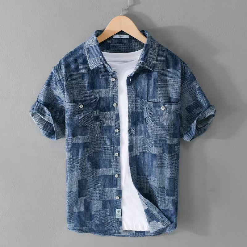 Men's American Tie-Dye Texture Short-Sleeve Shirt: Summer Relaxed-Fit Casual Button-Down, Niche Trendy Brand Premium Quality, Denim-Tone Patchwork Pattern Breathable Men's Top