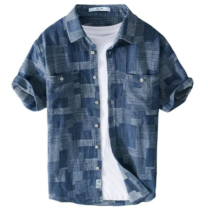 Men's American Tie-Dye Texture Short-Sleeve Shirt: Summer Relaxed-Fit Casual Button-Down, Niche Trendy Brand Premium Quality, Denim-Tone Patchwork Pattern Breathable Men's Top