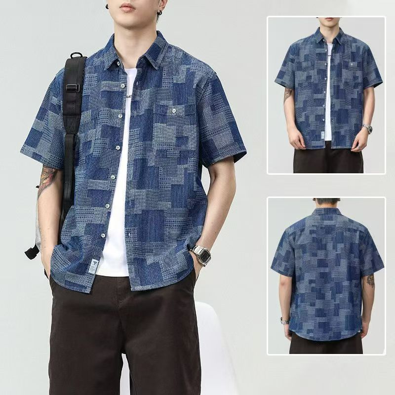 Men's American Tie-Dye Texture Short-Sleeve Shirt: Summer Relaxed-Fit Casual Button-Down, Niche Trendy Brand Premium Quality, Denim-Tone Patchwork Pattern Breathable Men's Top