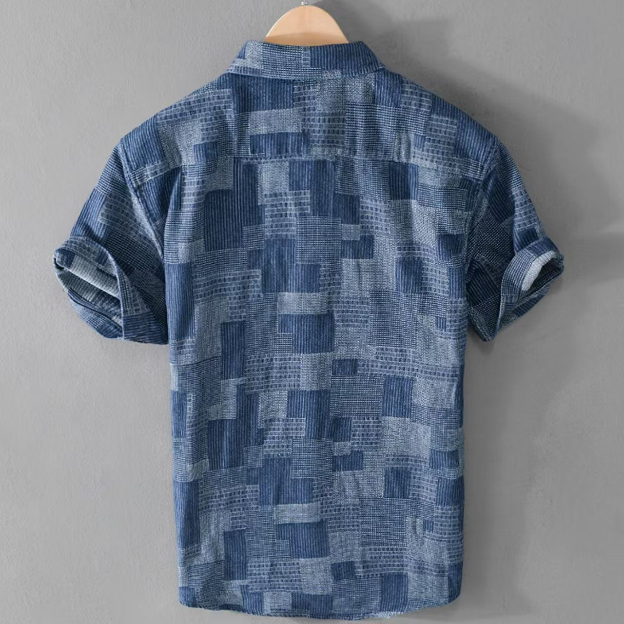 Men's American Tie-Dye Texture Short-Sleeve Shirt: Summer Relaxed-Fit Casual Button-Down, Niche Trendy Brand Premium Quality, Denim-Tone Patchwork Pattern Breathable Men's Top