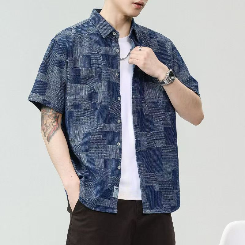 Men's American Tie-Dye Texture Short-Sleeve Shirt: Summer Relaxed-Fit Casual Button-Down, Niche Trendy Brand Premium Quality, Denim-Tone Patchwork Pattern Breathable Men's Top