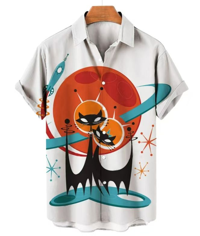 Men's Summer New Retro HK-Style Oversized Short-Sleeve Shirts - Digital Print Casual Button-Downs with Diverse Fun Patterns (Varies) for Beach & Daily Wear