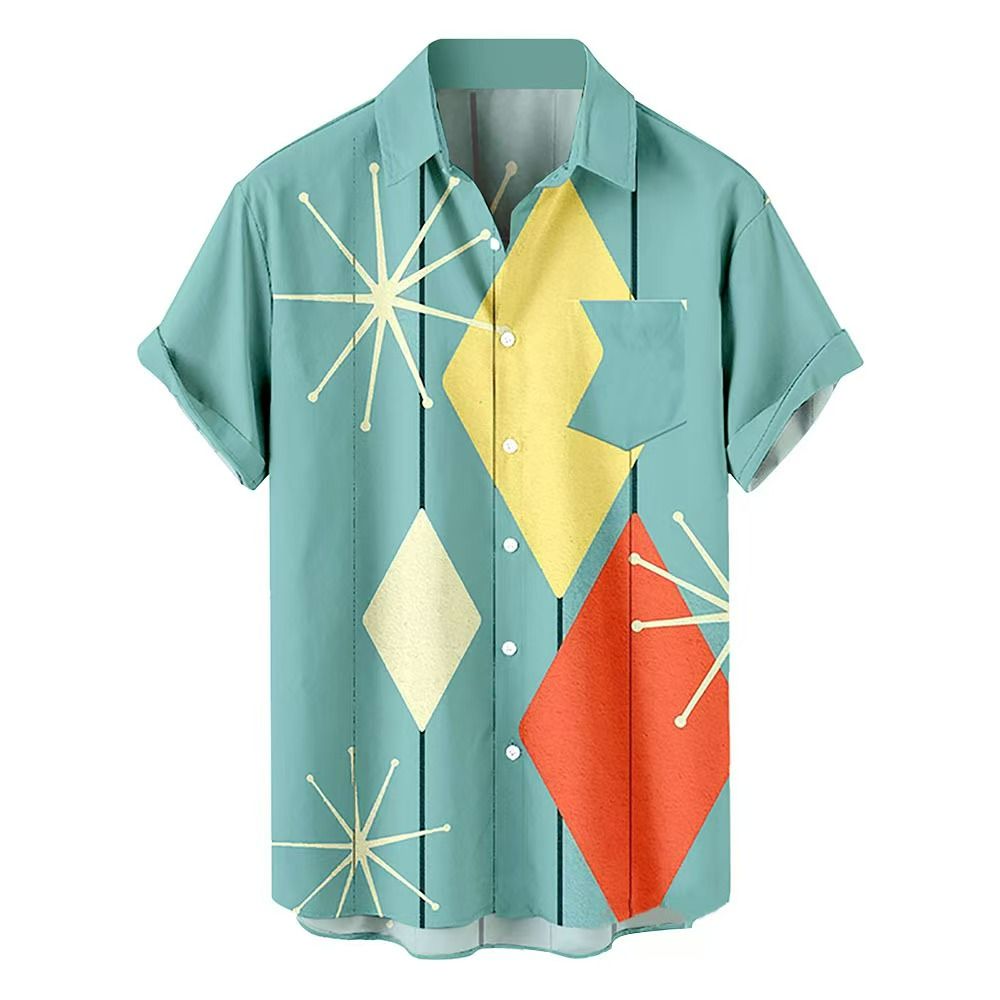 Men's Summer New Retro HK-Style Oversized Short-Sleeve Shirts - Digital Print Casual Button-Downs with Diverse Fun Patterns (Varies) for Beach & Daily Wear